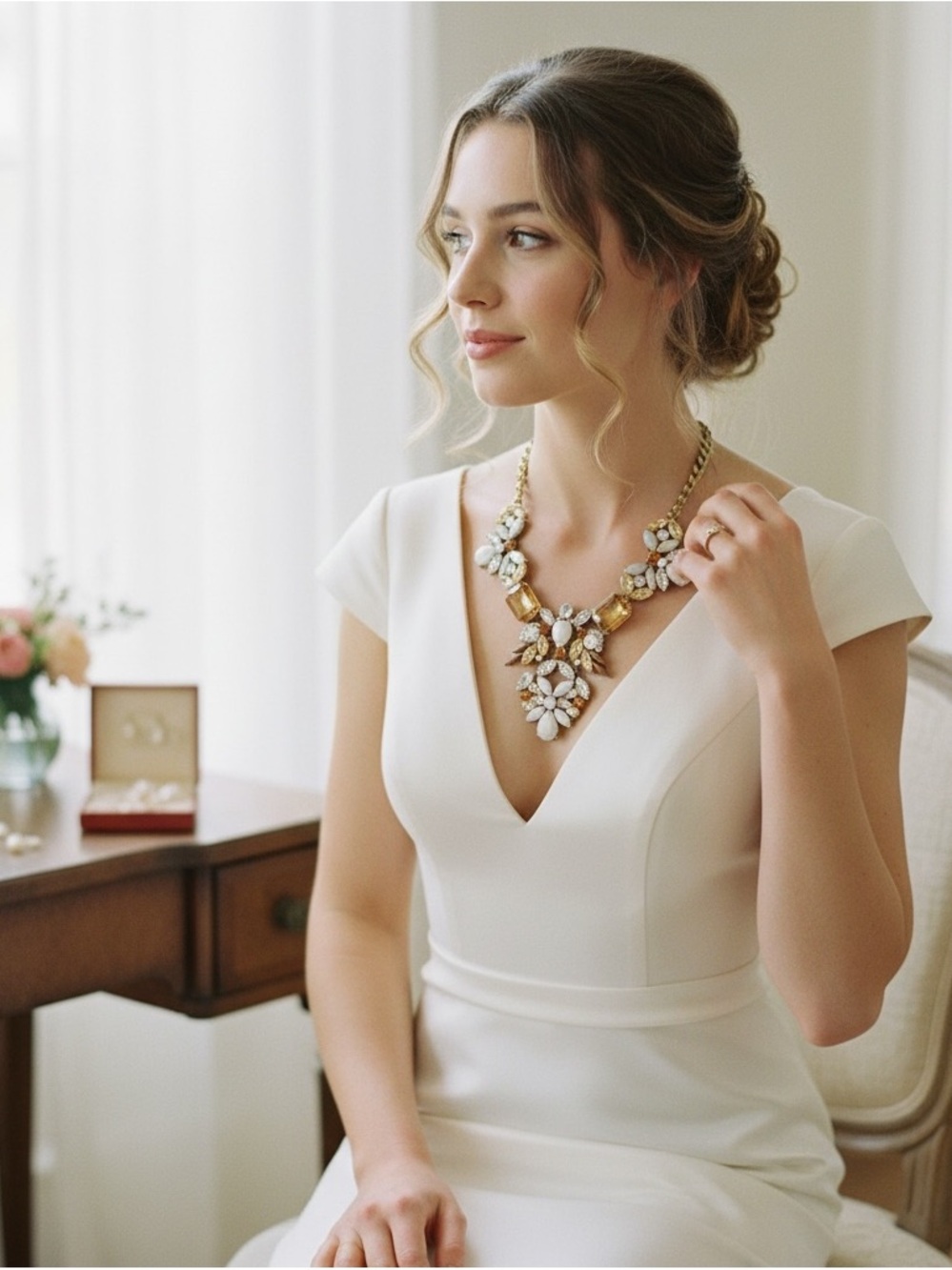J Crew vintage Gold and White statement Gemstone Necklace